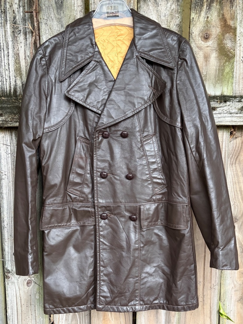 Vintage 1970s Disco Era Multi-Pocket Trench Leather Coat. Size M